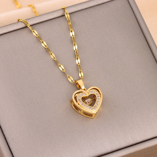 Womans Double-layer Heart Pendant Titanium Steel Necklace